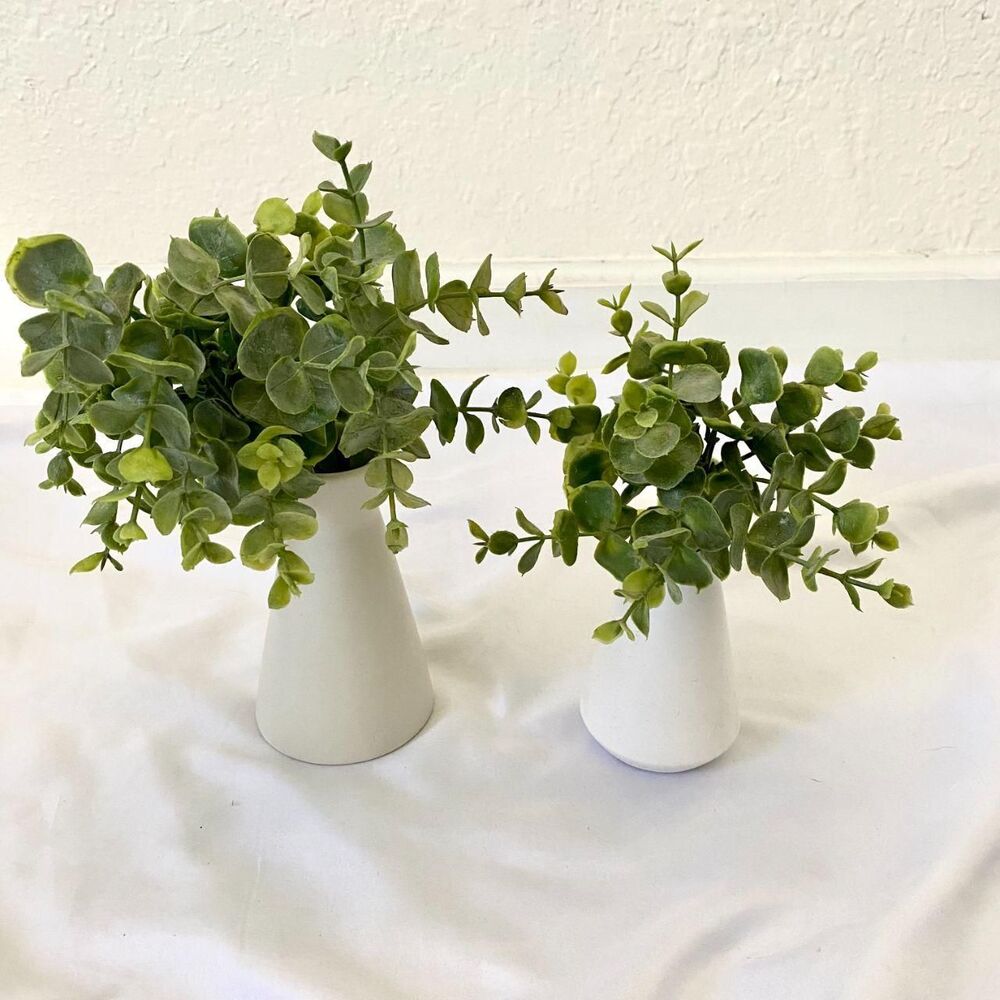 Lot of 2 small Porcelain Vases with Faux Florals Greenery